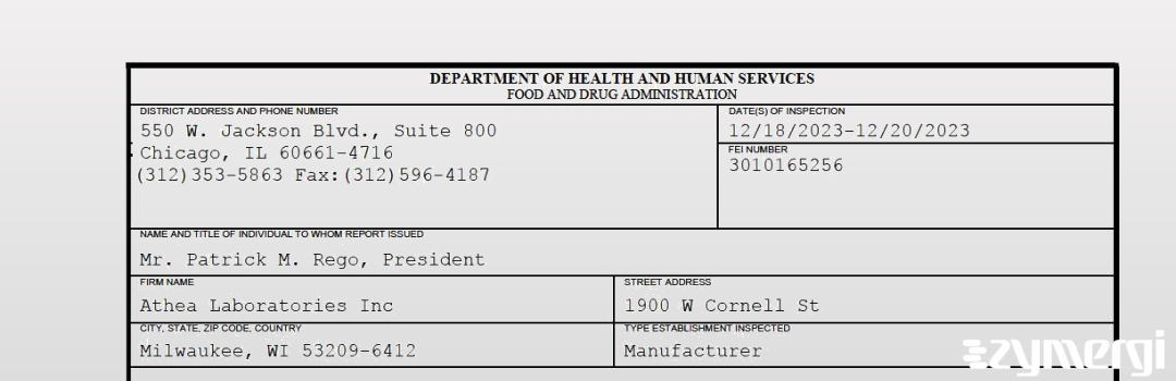 FDANews 483 Athea Laboratories Inc Dec 20 2023 top