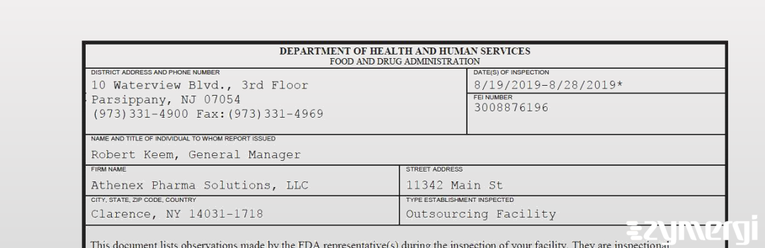 FDANews 483 Athenex Pharma Solutions, LLC Aug 28 2019 top