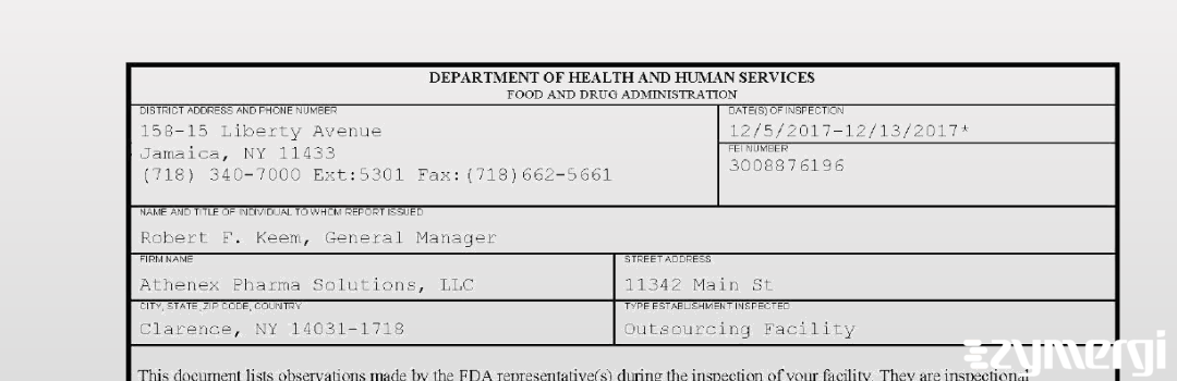 FDANews 483 Athenex Pharma Solutions, LLC Dec 13 2017 top