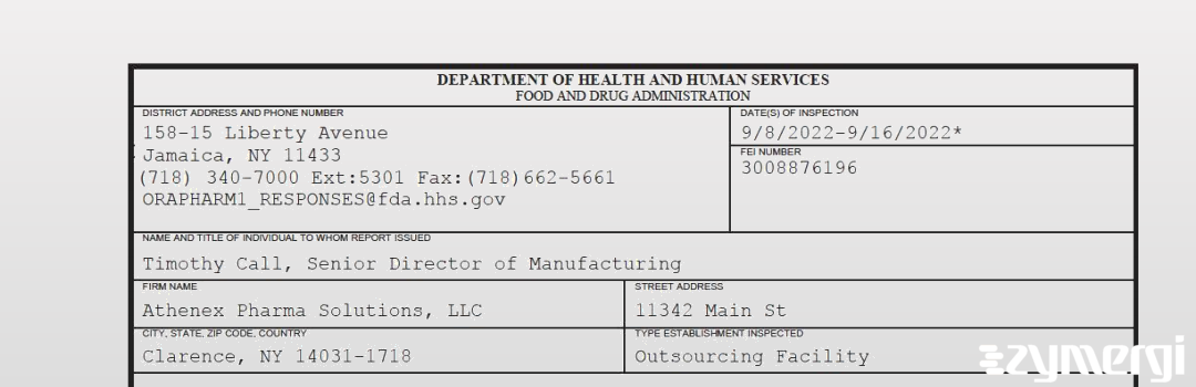 FDANews 483 Athenex Pharma Solutions, LLC Sep 16 2022 top