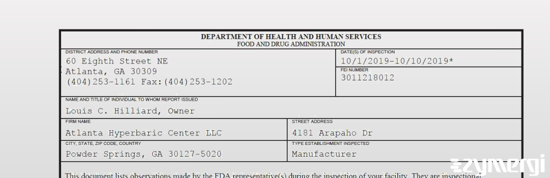 FDANews 483 Atlanta Hyperbaric Center LLC Oct 10 2019 top