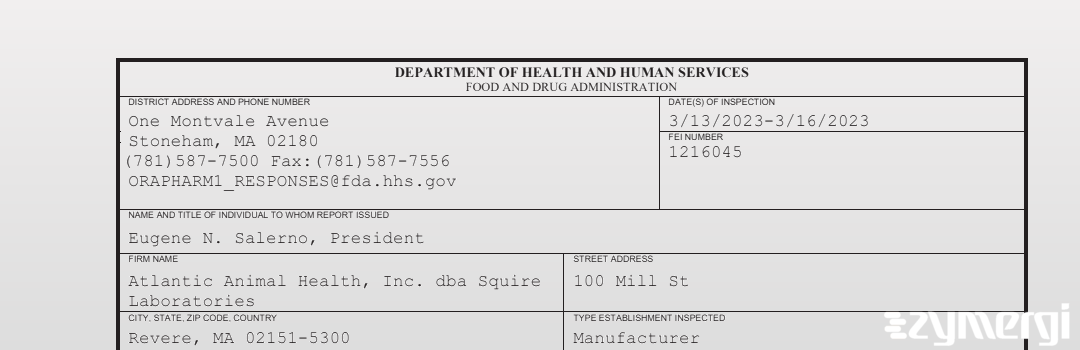 FDANews 483 Atlantic Animal Health, Inc. dba Squire Laboratories Mar 16 2023 top