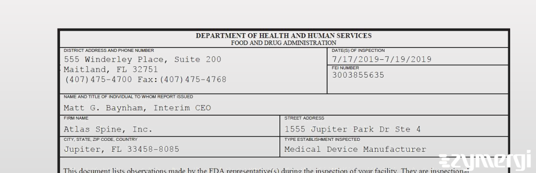 FDANews 483 Atlas Spine, Inc. Jul 19 2019 top