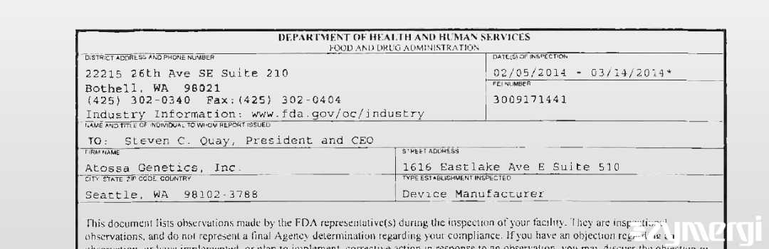 FDANews 483 Atossa Genetics, Inc. Mar 14 2014 top