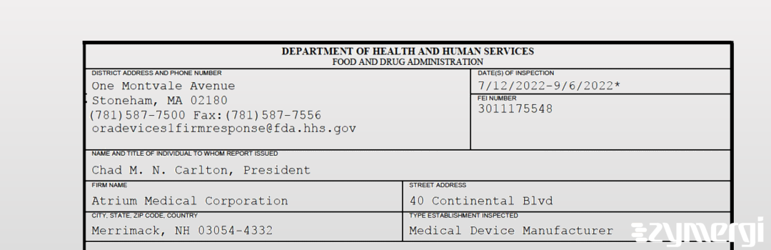 FDANews 483 Atrium Medical Corporation Sep 6 2022 top