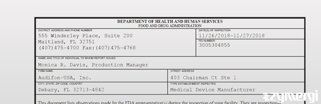 FDANews 483 Audifon-USA, Inc. Nov 27 2018 top