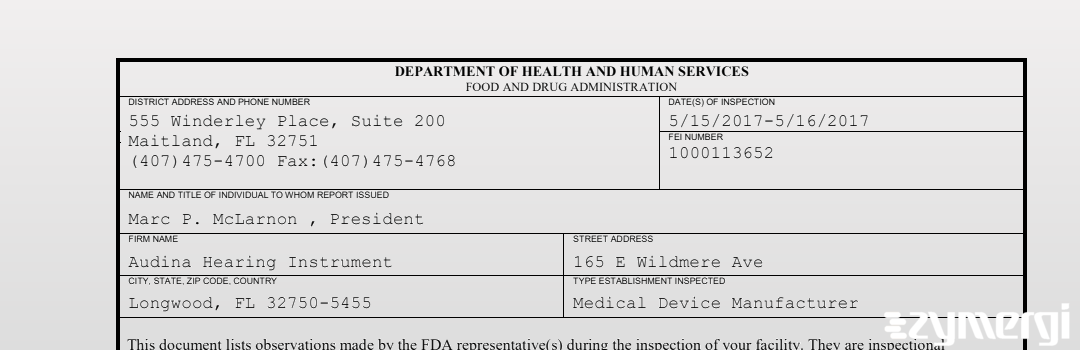 FDANews 483 Audina Hearing Instrument May 16 2017 top