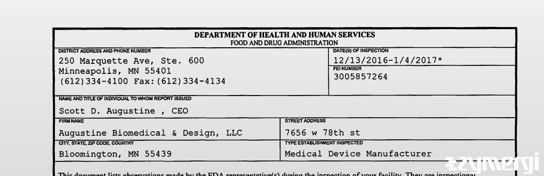 FDANews 483 Augustine Biomedical & Design, LLC Jan 4 2017 top