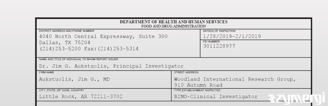 FDANews 483 Aukstuolis, Jim G., MD Feb 1 2019 top