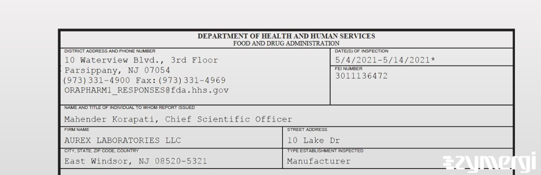 FDANews 483 AUREX LABORATORIES LLC May 14 2021 top