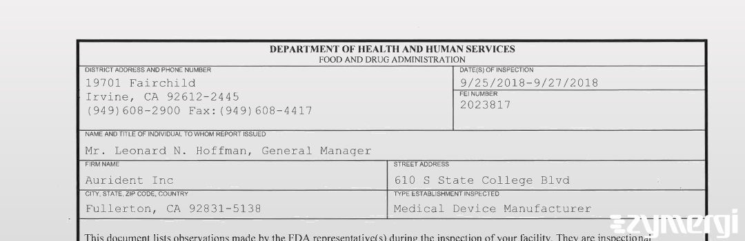 FDANews 483 Aurident Inc Sep 27 2018 top