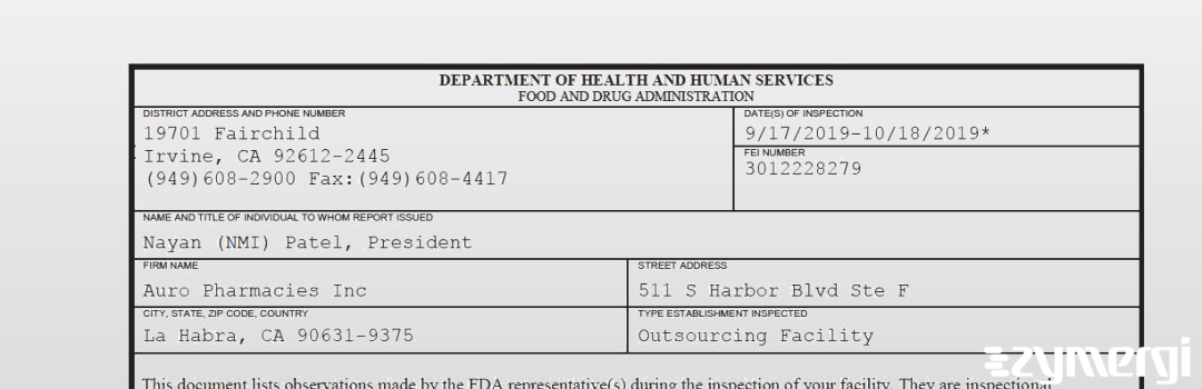 FDANews 483 Auro Pharmacies, Inc DBA Central Drugs Oct 18 2019 top