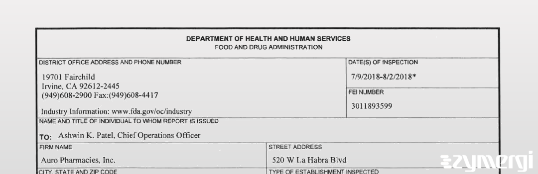 FDANews 483 Auro Pharmacies, Inc. Aug 2 2018 top