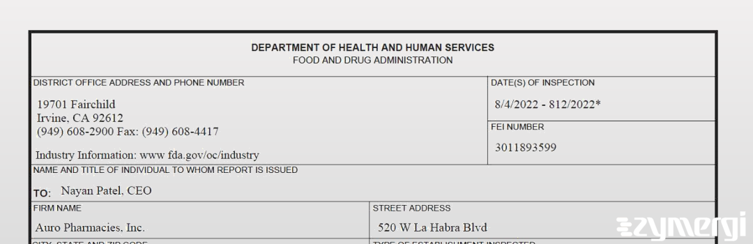 FDANews 483 Auro Pharmacies, Inc. Aug 12 2022 top