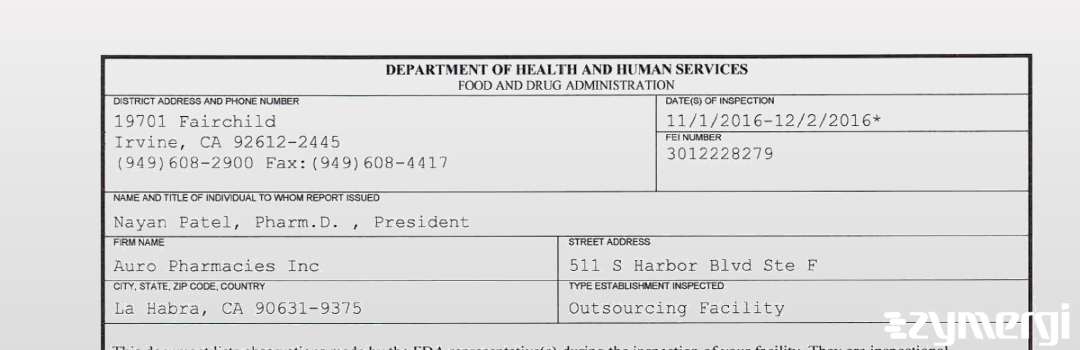 FDANews 483 Auro Pharmacies, Inc. Dec 2 2016 top