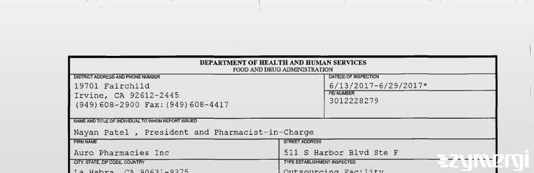 FDANews 483 Auro Pharmacies, Inc. Jun 29 2017 top