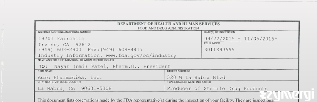 FDANews 483 Auro Pharmacies, Inc. Nov 5 2015 top