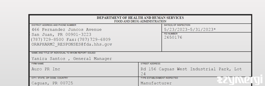 FDANews 483 Auro PR Inc May 31 2023 top