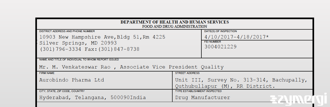 FDANews 483 Aurobindo Pharma Ltd Apr 18 2017 top