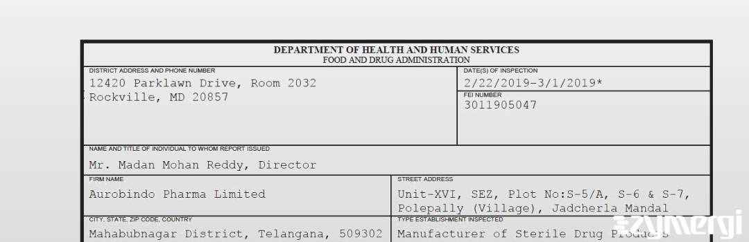 FDANews 483 Aurobindo Pharma Limited Mar 1 2019 top