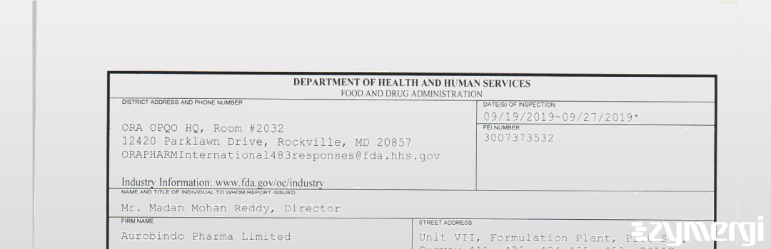 FDANews 483 Aurobindo Pharma Limited Sep 27 2019 top