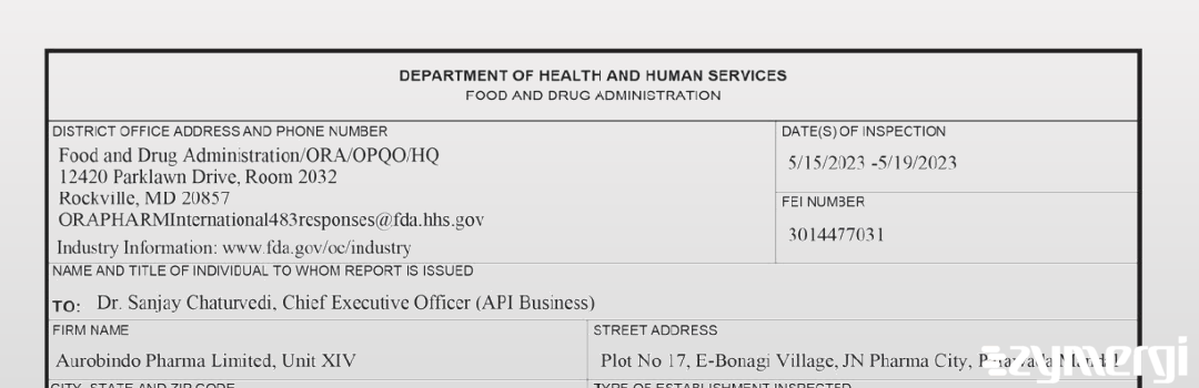 FDANews 483 Aurobindo Pharma Limited, Unit XIV May 19 2023 top