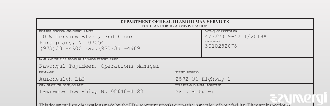 FDANews 483 Aurohealth LLC Apr 11 2019 top