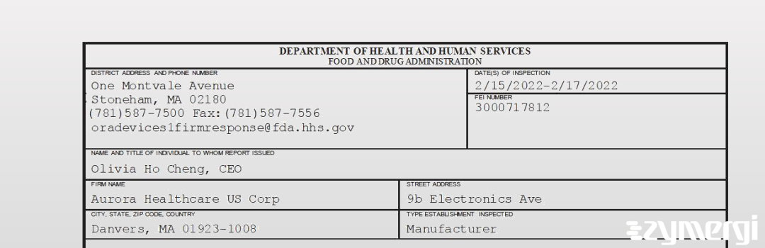 FDANews 483 Aurora Healthcare US Corp Feb 17 2022 top