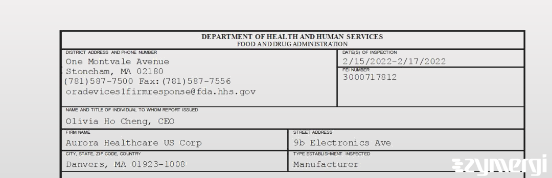 FDANews 483 Aurora Healthcare US Corp Feb 17 2022 top