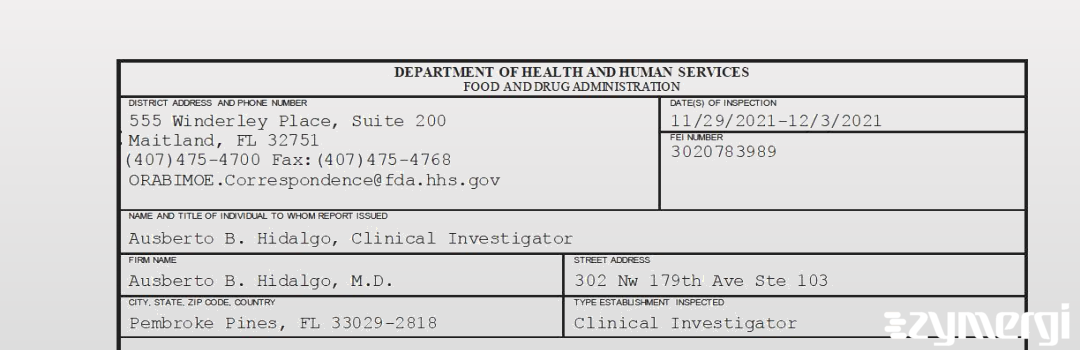 FDANews 483 Ausberto B. Hidalgo, M.D. Dec 3 2021 top