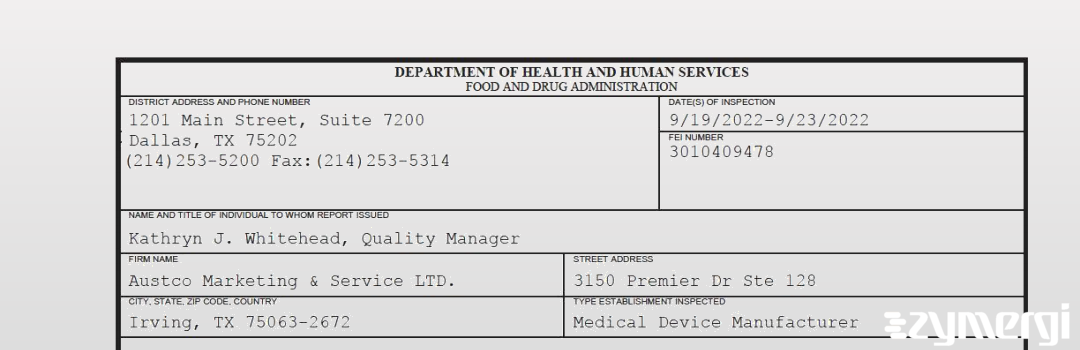 FDANews 483 Austco Marketing & Service LTD. Sep 23 2022 top