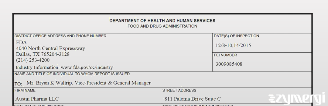 FDANews 483 Austin Pharma LLC Dec 14 2015 top