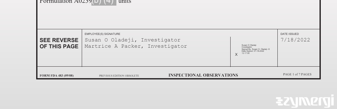 Susan O. Oladeji FDA Investigator Martrice A. Packer FDA Investigator 