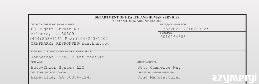 FDANews 483 Auto-Chlor System LLC Jul 18 2022 top