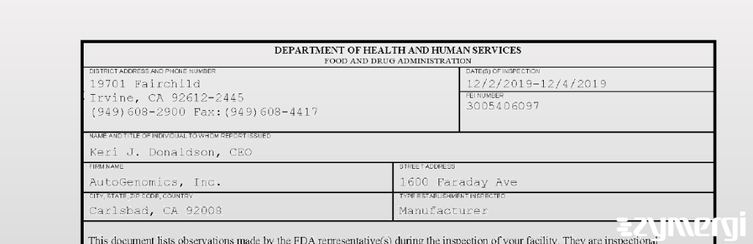 FDANews 483 AutoGenomics, Inc. Dec 4 2019 top