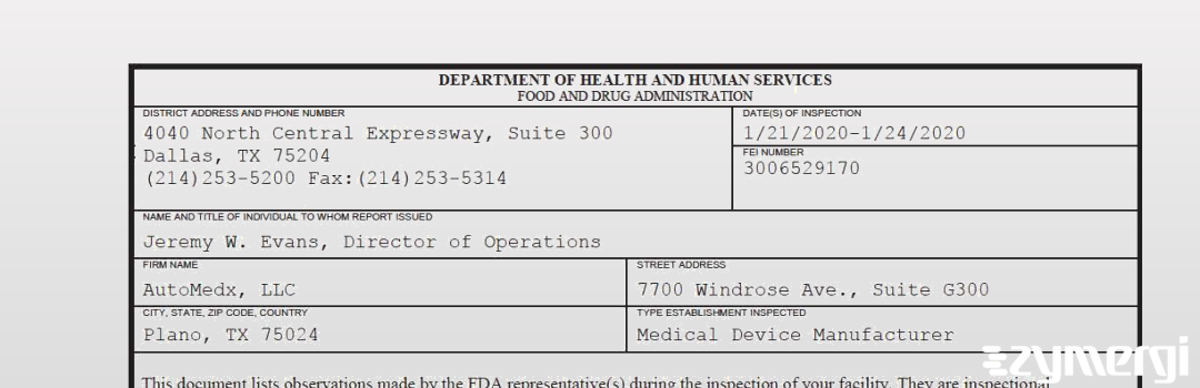 FDANews 483 AutoMedx, LLC Jan 24 2020 top