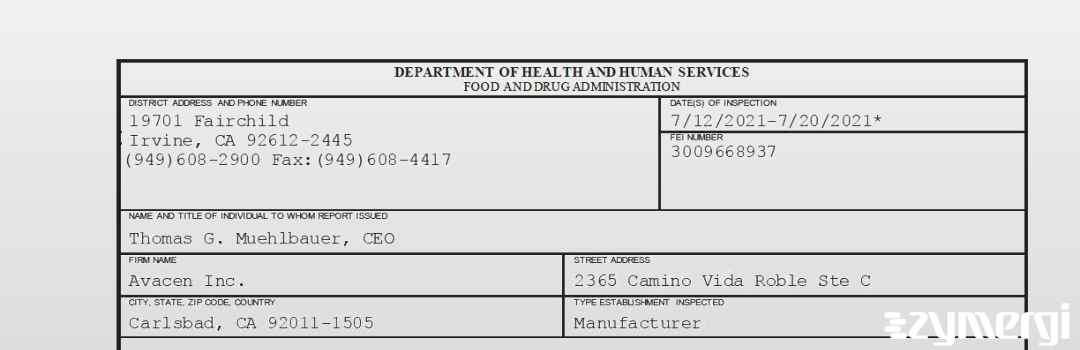 FDANews 483 Avacen Inc. Jul 20 2021 top