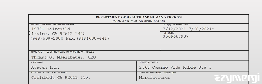 FDANews 483 Avacen Inc. Jul 20 2021 top