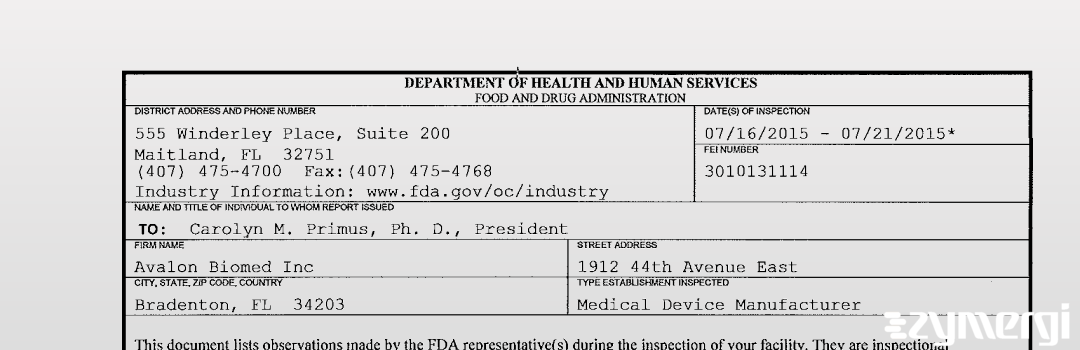 FDANews 483 Avalon Biomed Inc Jul 21 2015 top