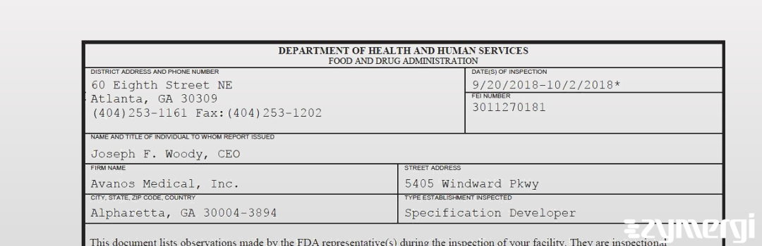 FDANews 483 Avanos Medical, Inc. Oct 2 2018 top