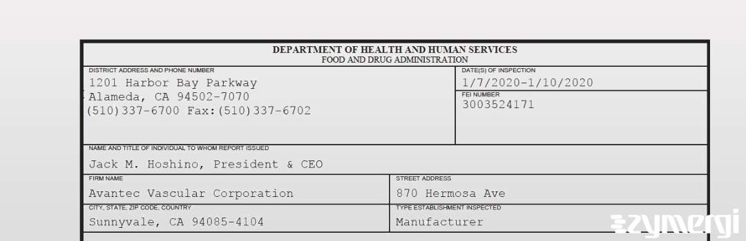 FDANews 483 Avantec Vascular Corporation Jan 10 2020 top