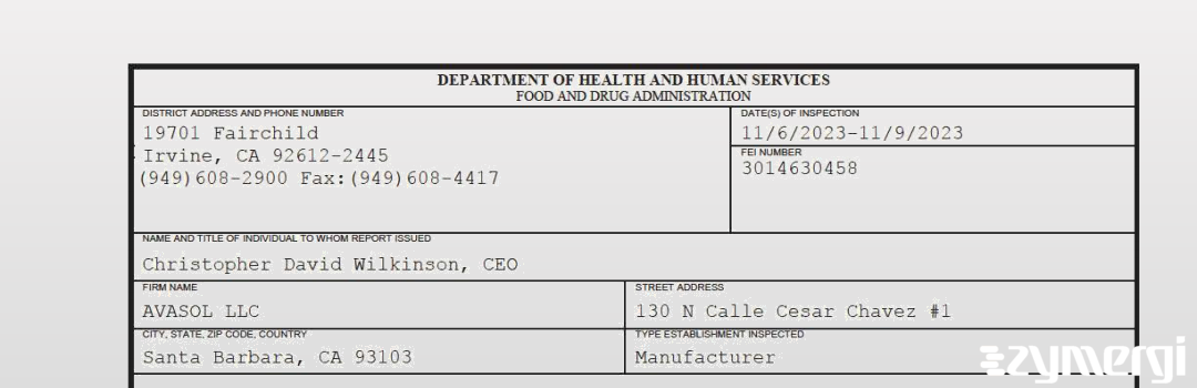 FDANews 483 AVASOL LLC Nov 9 2023 top