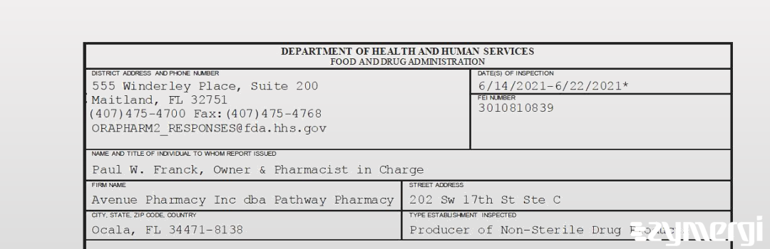 FDANews 483 Avenue Pharmacy Inc dba Pathway Pharmacy Jun 22 2021 top