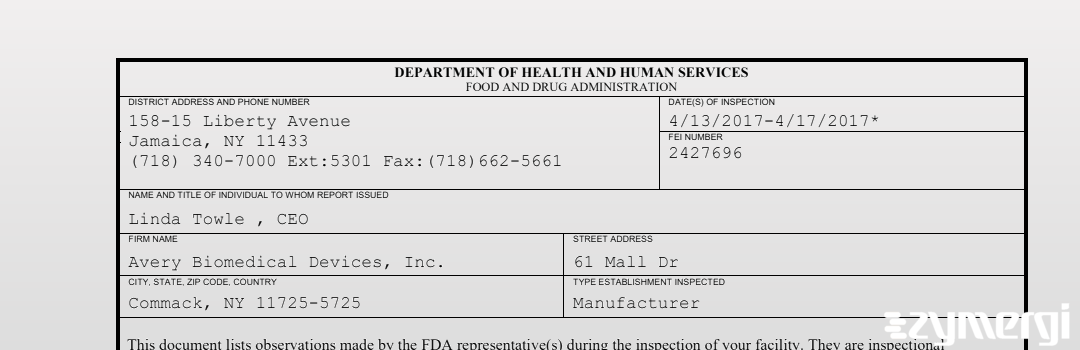 FDANews 483 Avery Biomedical Devices, Inc. Apr 17 2017 top