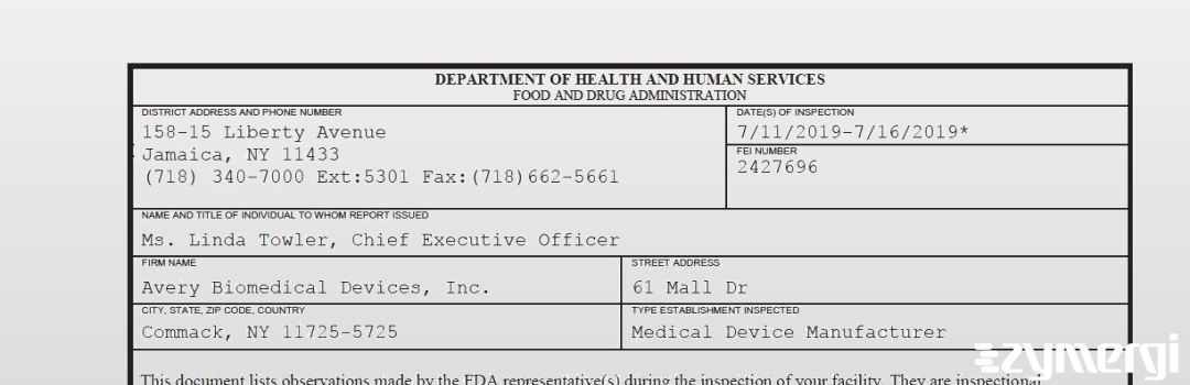 FDANews 483 Avery Biomedical Devices, Inc. Jul 16 2019 top