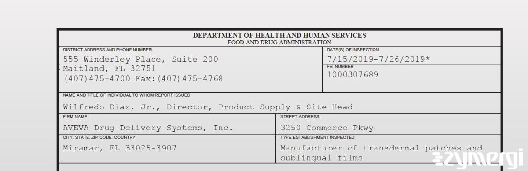 FDANews 483 AVEVA Drug Delivery Systems, Inc. Jul 26 2019 top