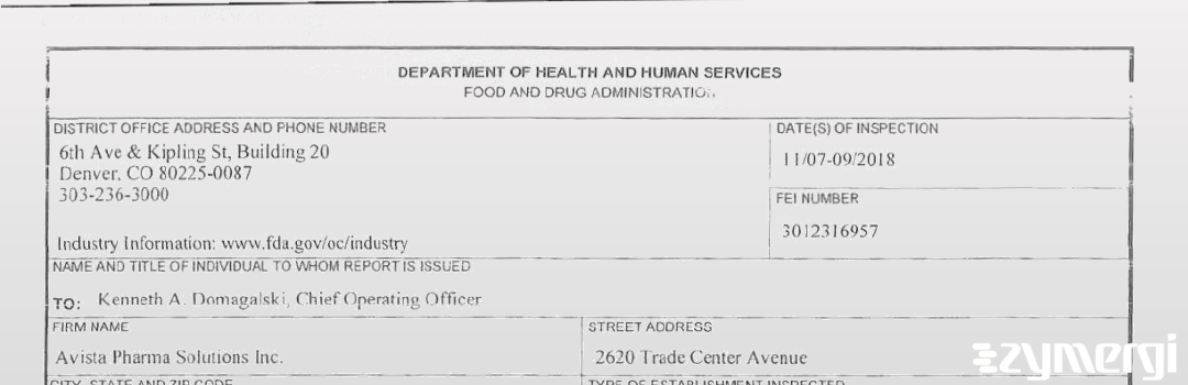 FDANews 483 Avista Pharma Solutions Nov 9 2018 top