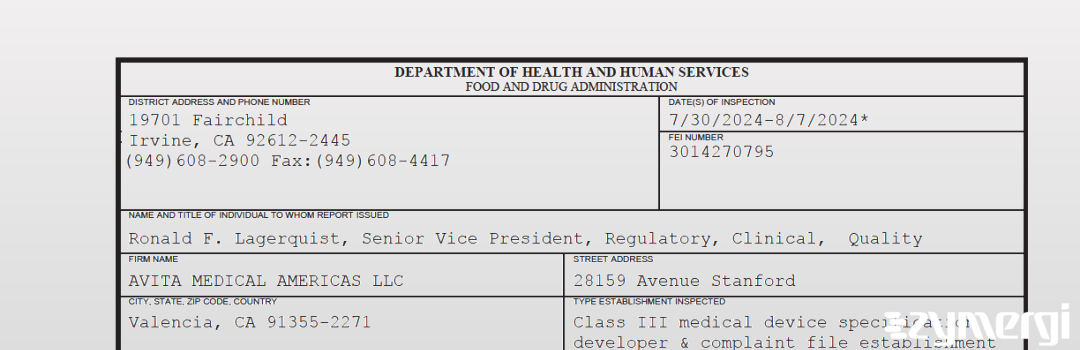 FDANews 483 AVITA MEDICAL AMERICAS LLC Aug 7 2024 top