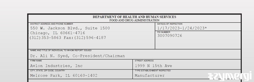 FDANews 483 Avlon Industries, Inc Jan 24 2023 top