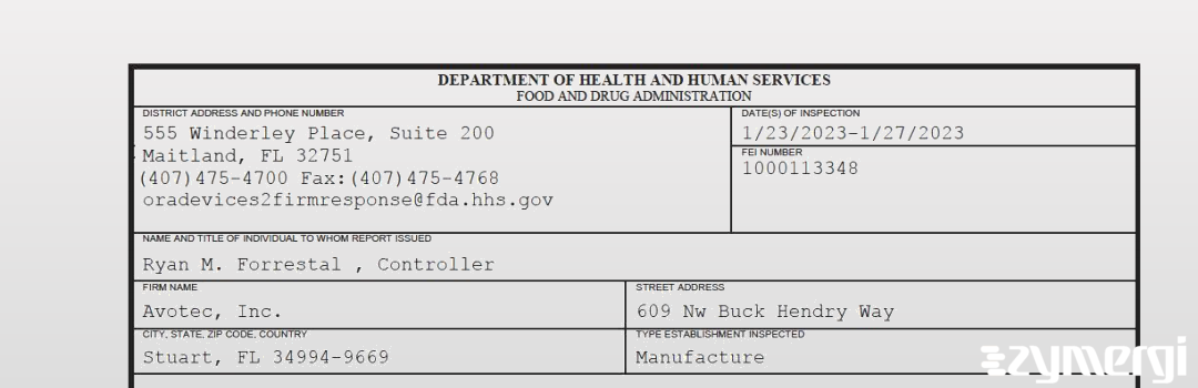 FDANews 483 Avotec, Inc. Jan 27 2023 top